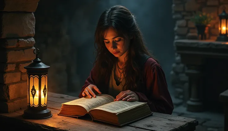 A small, dusty room in the castle with an old wooden table in the center. On the table lies an ancient, thick book with a cover adorned with mysterious symbols. Elara opens the book carefully, her face illuminated by the lanterns light, as she reads about ...