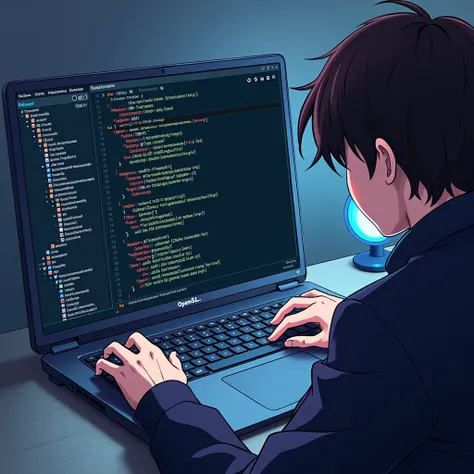 a laptop screen that runs Fedora Linux, and there is some code editor hacking on OPENSSL, anime style