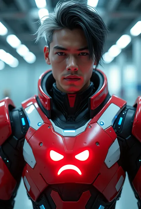 a young Malaysia man, tan skin .19 year old boy wearing a red and white exoskeleton armor, a robot face on his chest , malaysian mullet wolfcut hairstyle. Red ear mount . black hair mix little white hair. , detailed face and eyes, highly detailed, 8k, phot...