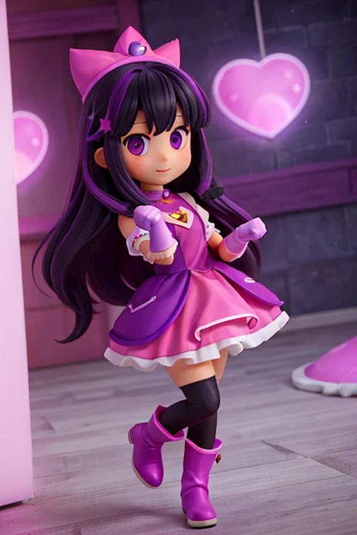 female、１６age、Black purple hair、Long Hair、pink long boots、Pink dress、I can see your thighs、Pink gloves、Heart and star design、Purple eyes、Cute pose、