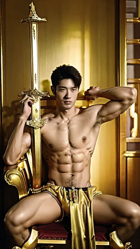 Realistic photography a handsome man with Korean face good body holding up a long steel sword wearing a golden jockstraps sitting on the golden throne rococos style, 3d UHD16k 