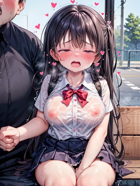 (NSFW)、(Girl, Fat middle-aged man:1.2)、(schoolgirl)、(Flip up your skirt)、(sit)、blush、convenience store、bus stop、Very detailed、High resolution、4K、masterpiece、High resolution、(tears:1.8)、(heart:1.6)、(rape)、(despair:1.6)、(Half-close your eyes:1.8)、(Sweaty:1.3...