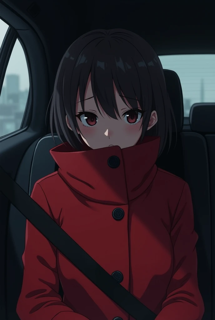 A anime girl looking weirdly and sad sitting in backseat of car wearing a red colour coat half pic