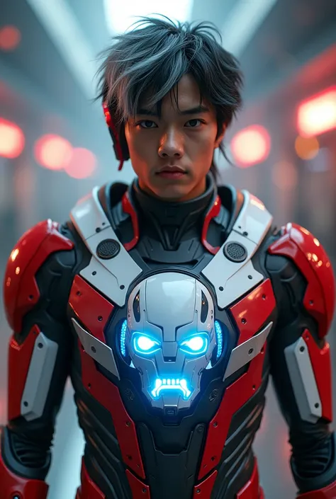 a young Malaysia man, tan skin .19 year old boy wearing a red and white exoskeleton armor, a robot face on his chest , malaysian mullet wolfcut hairstyle. Red ear mount . black hair mix little white hair. , detailed face and eyes, highly detailed, 8k, phot...