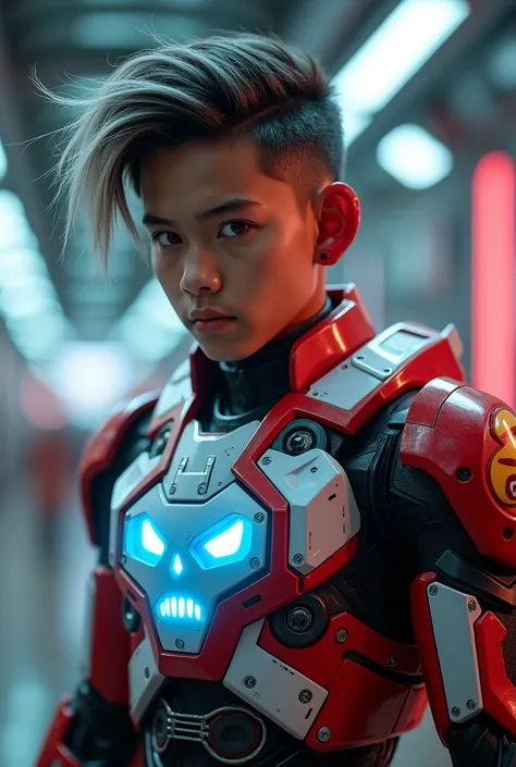 a young Malaysia man, tan skin .19 year old boy wearing a red and white exoskeleton armor, a robot face on his chest , malaysian mullet wolfcut hairstyle. Red ear mount . black hair mix little white hair. , detailed face and eyes, highly detailed, 8k, phot...