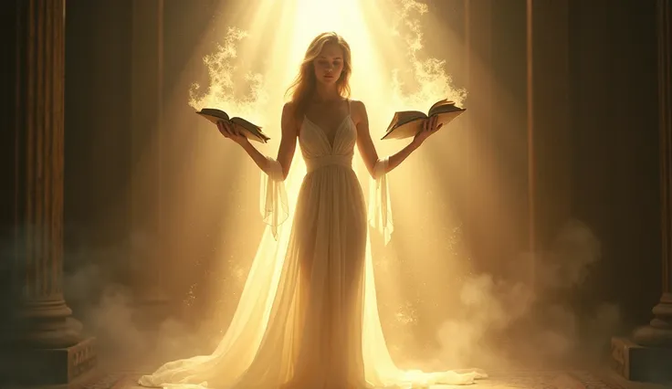  A brilliant, radiant light fills the room as Elara holds the ancient book high. The shadows dissolve, revealing a beautiful, ethereal woman with a serene expression, dressed in a flowing gown. The woman’s face exudes calm and peace, representing the spiri...