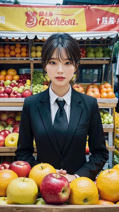  A woman in a stylish black suit with a unique tie stands confidently in front of a vibrant fruit stand, showcasing apples and oranges, Soft, even lighting highlights her features and creates a balanced composition placing her centrally, The fruit stand ad...