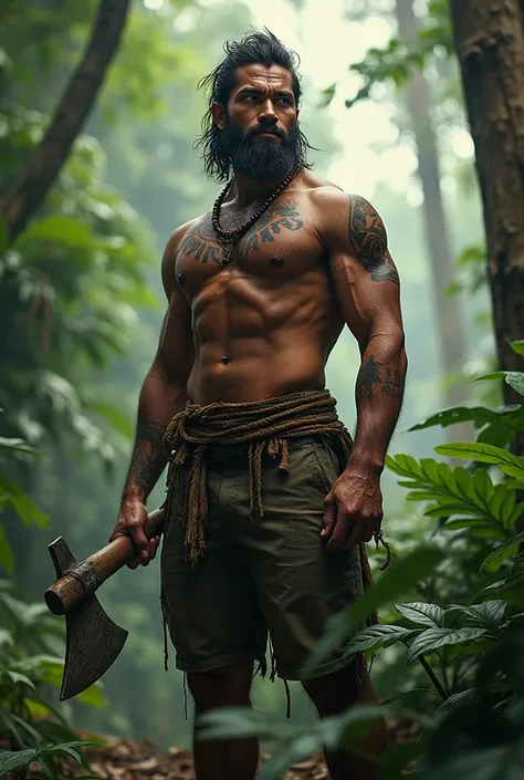 A PNG man wearing a army green jean holding a stone axe, standing in the middle of the tropical rainforest has a tattoo on his chest name LAPUN, has a smoldering looks, has a PNG hair,  has a PNG skin colour in eastern highlands province 