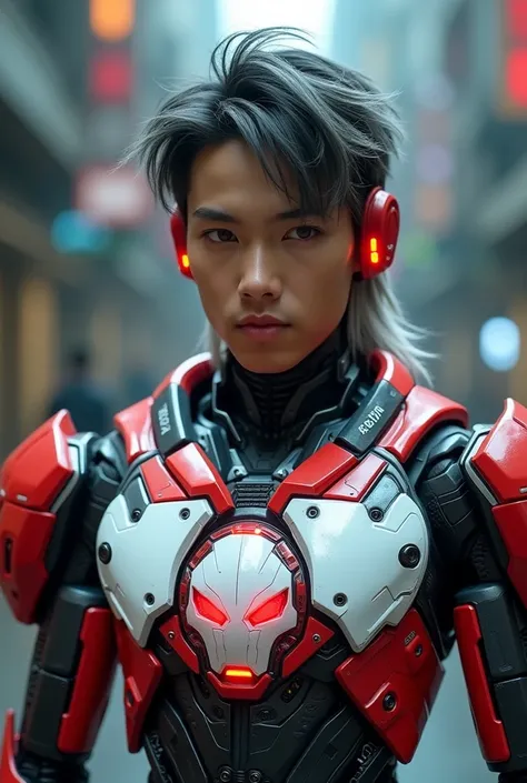 a young Malaysia man, tan skin .19 year old boy wearing a red and white exoskeleton armor, a robot face on his chest , malaysian mullet wolfcut hairstyle. Red ear mount . black hair mix little white hair. , detailed face and eyes, highly detailed, 8k, phot...