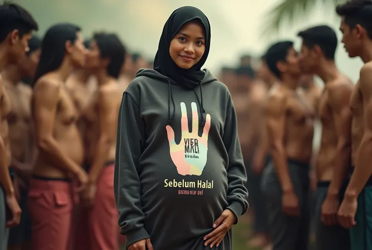 A pregnant hijaber indonesian pretty girl, wearing a hoodie with a strong vector design featuring a silhouetted image of a five-fingered palm in pastel colour with phra "SEBELUM HALAL". on top with phrase "JANGAN YA DEK" is displayed in bold simple elegand...