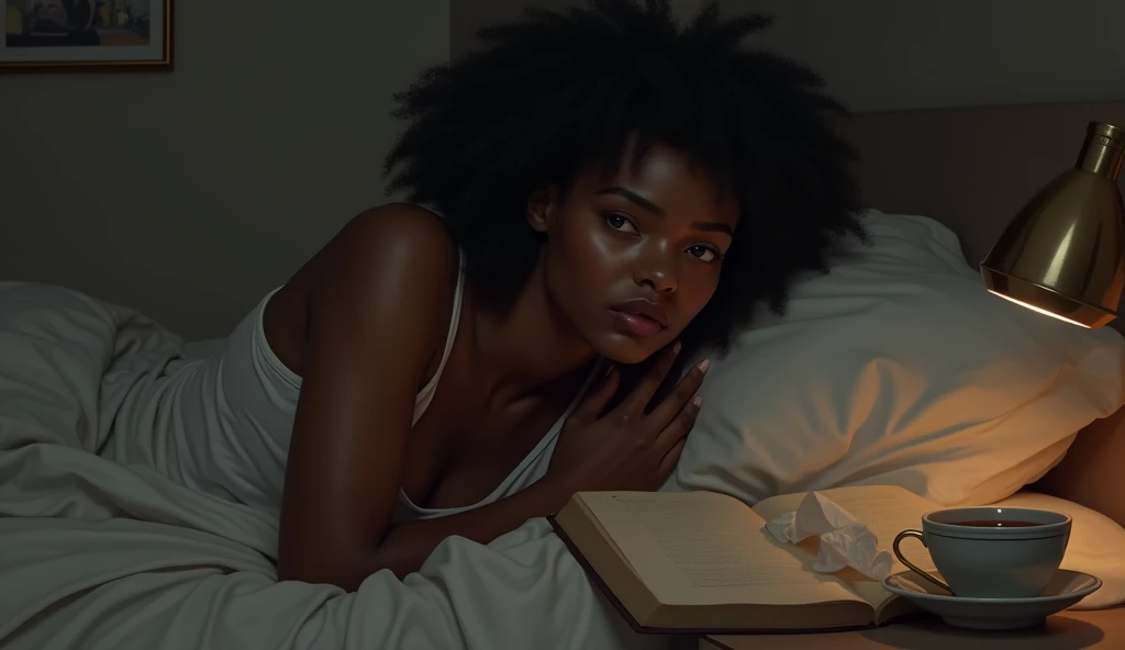 A beautiful black woman is depressed, worried and stress filled sitting in her bedroom 