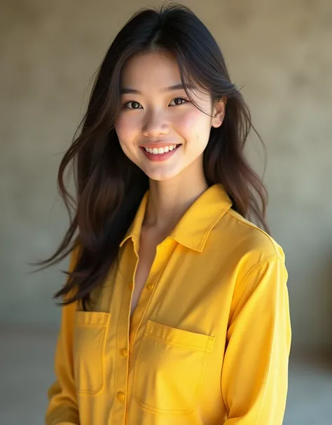 

"Create an image of an 18-year-old Asian girl wearing yellow clothes, with a cute face and smiling. The image should be full-body, slightly revealing, youthful, and realistic."