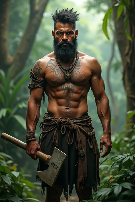 A PNG man wearing a army green jean holding a stone axe, standing in the middle of the tropical rainforest has a tattoo on his chest name LAPUN, has a smoldering looks, has a PNG hair,  has a PNG skin colour in eastern highlands province 