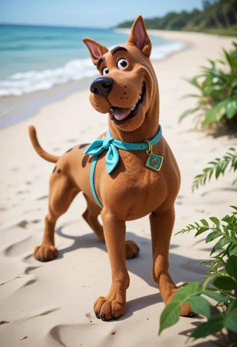 (scooby doo, four footed dog) on a deserted beach