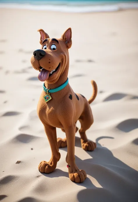 (scooby doo, four footed dog) on a deserted beach