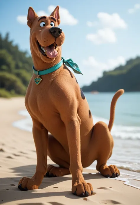 (scooby doo, four footed dog) on a deserted beach