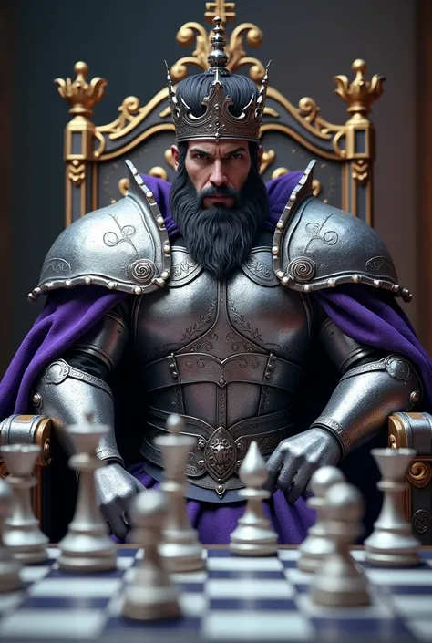 king made of silver and strong steel bearded with crown sitting in front of a chessboard showing the entire table, showing respect with purple details on his armor seen from the front