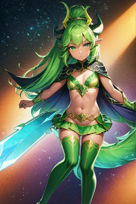 prismatic coloration, holographic environment, young girl, leafy skin, black skin, African-American, Beautiful, elven ears, serious glare, ponytails, leaf green hair, Heterochromia with deep green & Gold eyes, C-cup, lithe, fit, Fairy like costume, full-bo...