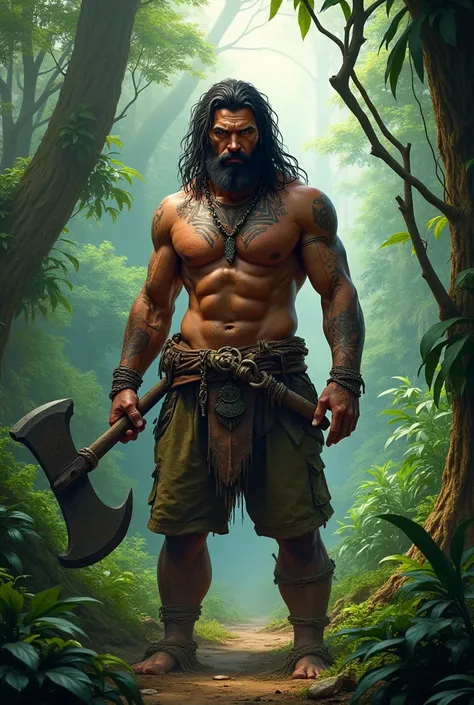 A PNG man wearing a army green jean holding a stone axe, standing in the middle of the tropical rainforest has a tattoo on his chest name LAPUN, has a smoldering looks, has a PNG long dirty hair,  has a PNG skin colour in eastern highlands province 