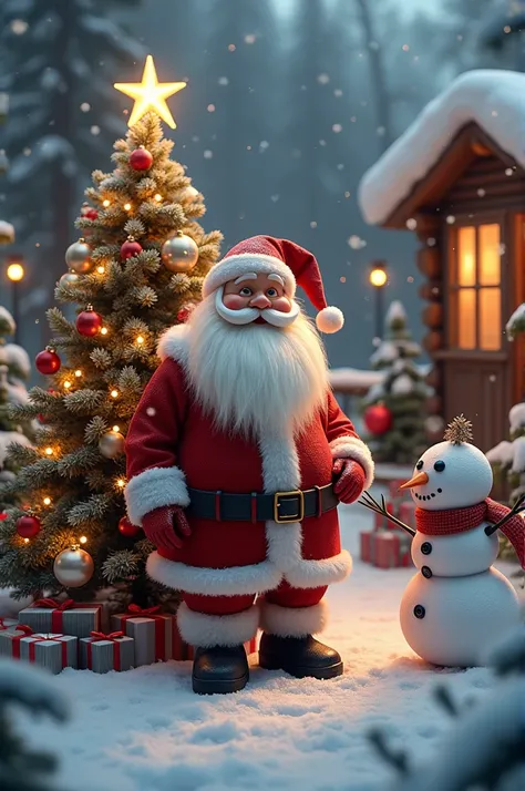 create a relistic Christmas design with santa claus, Christmas tree, and snow man