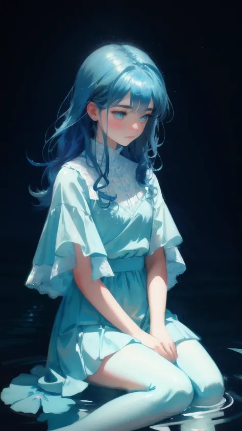 Design an image featuring a background with vertical blue gradients and subtle water effects, creating a soothing atmosphere. Replace the melancholy frog with a cute girl, seated in the same posture, showing a sad expression with large, tear-filled eyes. T...