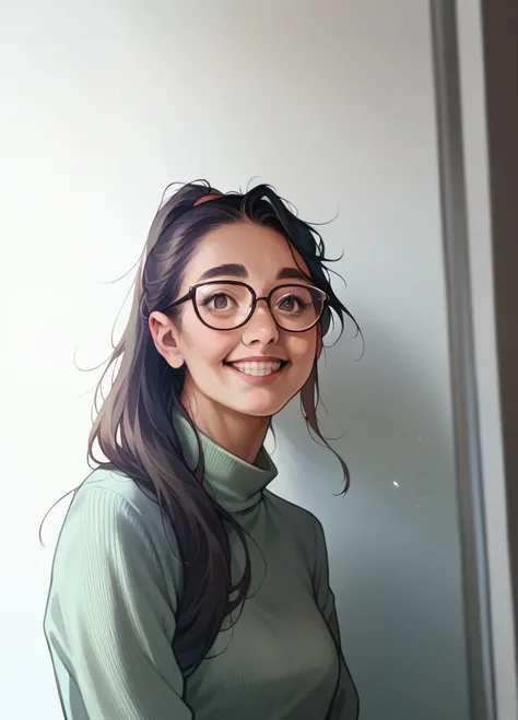 23 years young Lady, Dark Brown skintone, almond eyes, simple glasses, High ponytail, sage high neck shirt, simple spectacles, Arched sharp eyebrows, simple upside down smile with mouth corner dimples, No bindi, photorealistic, potrait 