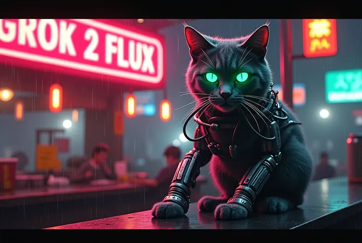 A  movie poster, A huge neon sign in the middle reads "GROK 2 FLUX!" ,Masterpiece, 4k, 8k, high quality, highly detailed, concept art, A cyberneticly enhanced cat, glowing neon green eyes, cables on back, robotics, one paw is metalic, looking at viewer, si...