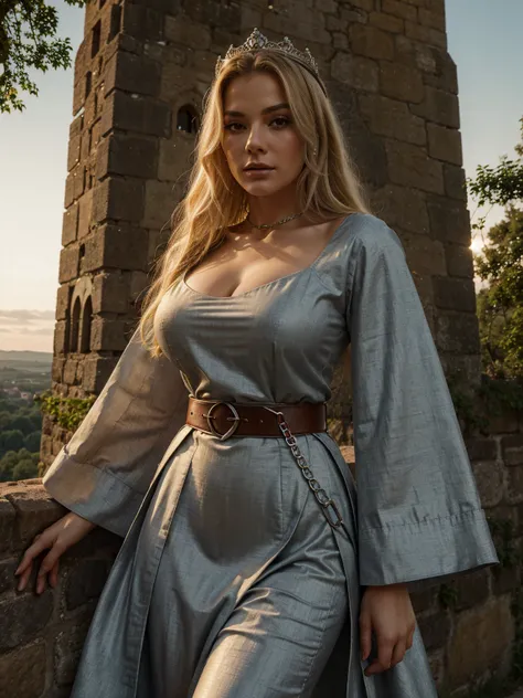 (close up), c4r1mj34, Gorgeous and sultry busty athletic (thin) a blonde queen with sharp features and a modest hairstyle, dark red medieval dress, long sleeves, embroidery, Wide neck, crown, veil, long dress, tight bodice, silver belt, (medieval belt chai...