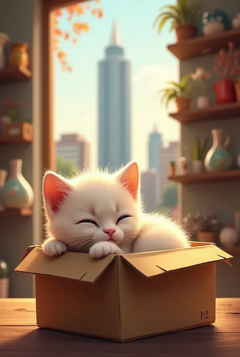 realistic, a snowshoe kitten nestled in a cozy cardboard box inside a bustling shoplot in Kuala Lumpur. The morning light filters through, illuminating the kitten and the shops interior. In the background, through the shop’s window, you can see the impress...