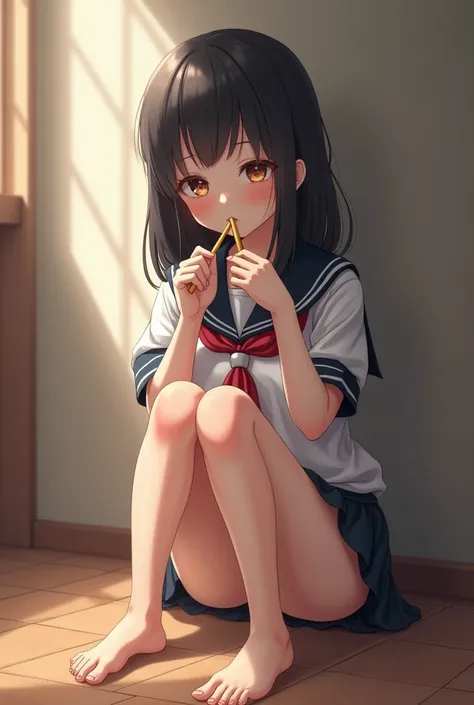 Woman Dressed in a School Uniform Sailor Uniform with Short Skirt Realistic style Eating pokis sitting on the floor shyly very realistic 