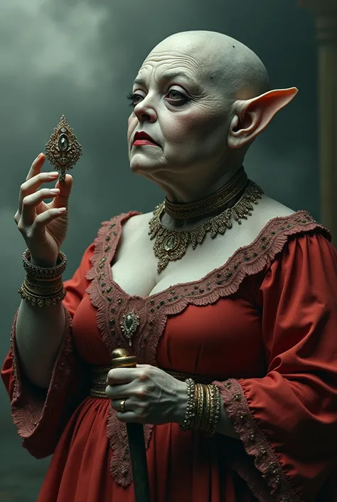 Best image quality, masterpiece, strange looking female creature, very short neck, wearing red antique clothes, very heavy makeup, looking up at ornate jewelry, holding a cane, rough skin, deep wrinkles, detailed skin expression, gray skin (blendless skin)...