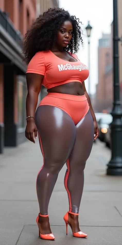 EXTREMELY MASSIVE BUTTOCKS, translucent pastel plastic leggings, UHD, city sidewalk, Shes a dark skin melanin Queen with tiny paper-thin waist, side body, coral 🪸 blouse says "McGlaughlin", best quality, swanky hair, High resolution image, muscular abs + t...