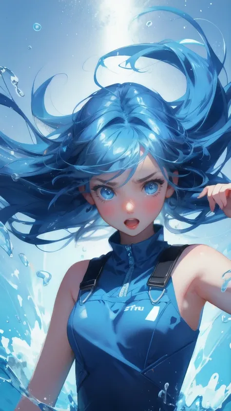 Create an image with a blue-themed background, featuring a beautiful, cute girl in place of the frustrated creature. The girl should have an exaggerated expression of frustration, with wide eyes and an open mouth, as if shouting. She is surrounded by water...