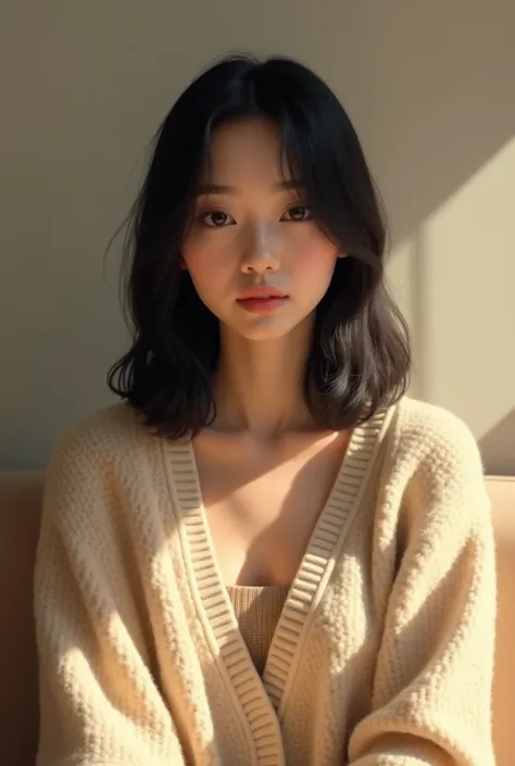 A close-up of a young woman with straight, shoulder-length black hair, styled with a middle part. She is wearing a cozy, oversized beige cardigan with a soft texture, sitting on a beige couch. Her expression is calm and slightly serious, with natural makeu...