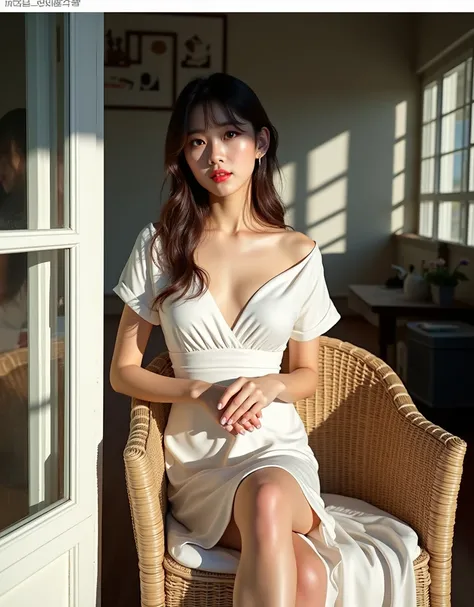 The beautiful woman , korean idol ,big eyes , wearing a loose, light-colored dress