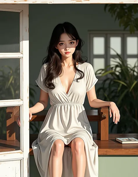 The beautiful woman , korean idol ,big eyes , wearing a loose, light-colored dress