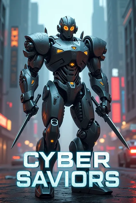 title card Cyber Saviors having a background image is a warrior robot with swards in hand