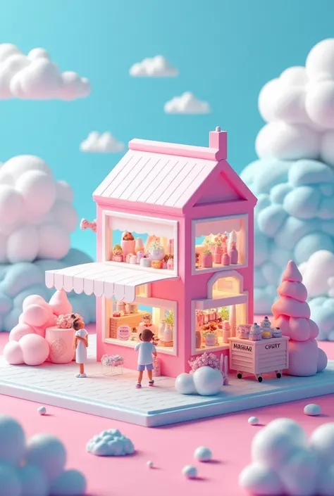 Glassmorphism，Isometric design，Pop mart group Pop mart，Scene 3d model，Light blue pink，Super dreamy atmosphere，Milk Carton House，There are people selling milk inside，Ultra HD 4k8k resolution，