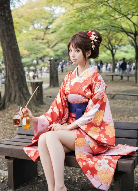 araffe woman In kimono sitting on a bench in a park, In kimono, Anime Girl Cosplay, yukata, In kimono, classy yukata, wear Kimono, wear Kimono, Anime girl crouching, Japanese Kimono, Real anime, Eat and drink, Young and cute gravure idol, kimono, Tradition...