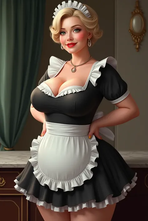 (Hyper Real)、65 year old beautiful mature woman maid、
Very large 、Beautiful mature maid　High resolution　High resolution　Realistic　short hair　 bionde、MatureBeautiful mature woman、Beautiful mature womanメイド、(((Big big boobs)))、(( Big big cleavage))、Fine skin、...