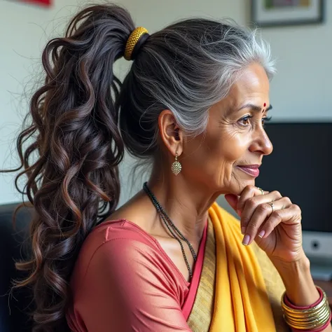 (full body),in indian office,well build,65 years old indian lady in sarees,slick scalp weaviness shows 3c curly hair,like bob hair color noodles,made in to triple ponytails like antena,one ponytail in middle and two ponytails are in sides,ponytails stating...