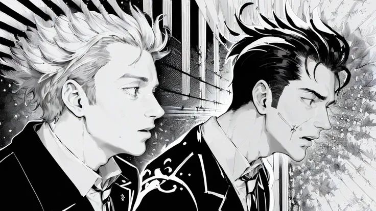 (((black and white illustration with converging lines)))、(((young handsome man with surprised face))),profile、