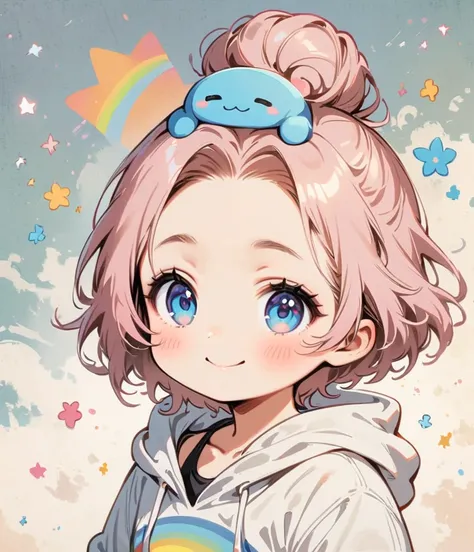 Sit on the rainbow、Put on a hoodie、big Smile、smiling、pale pink hair、Short hair with a bun、Cartoon style character design，1 Girl, alone，Big eyes，Cute expression，Tank top、interesting，interesting，Clean Lines