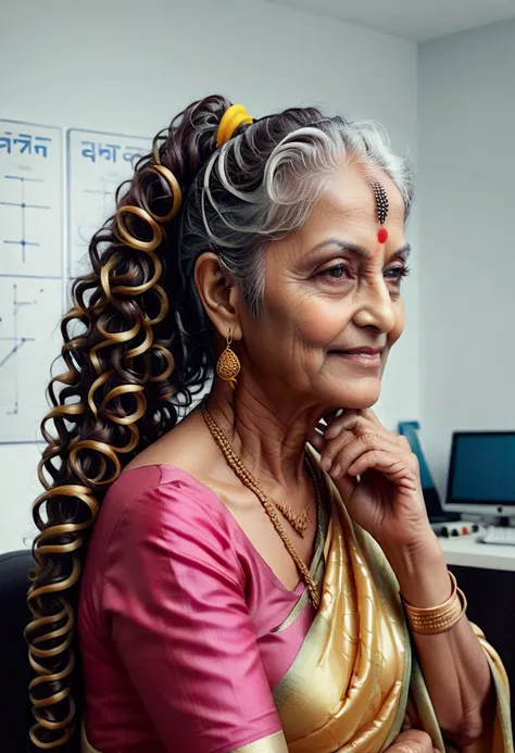 (full body),in indian office,well build,65 years old indian lady in sarees,ear combed slick scalp weaviness shows 3c curly hair,...