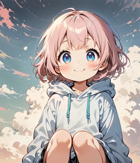 Sit on the rainbow、Put on a hoodie、big Smile、smiling、pale pink hair、short hair、1 Girl, alone，Big eyes，Cute expression，Tank top、interesting，Clean Lines