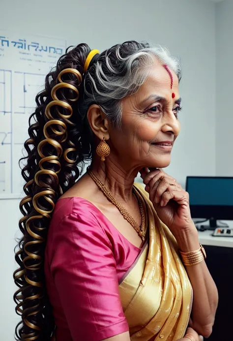 (full body),in indian office,well build,65 years old indian lady in sarees,ear combed slick scalp weaviness shows 3c curly hair,...