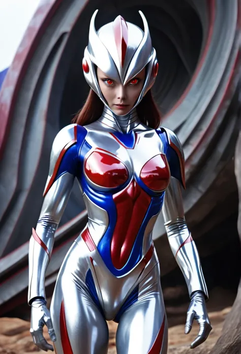 A female alien with a shiny silver body and red and blue lines.、Giant、Ultraman Lady、Troublesome pose