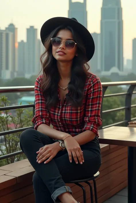 25 year old Tamil girl, checked shirt, black denim, high heels, hat, wrist watch, sitting on a open rooftop restaurant, HDR, hyper realistic, yocto-pixel detailing, yotta-pixel image