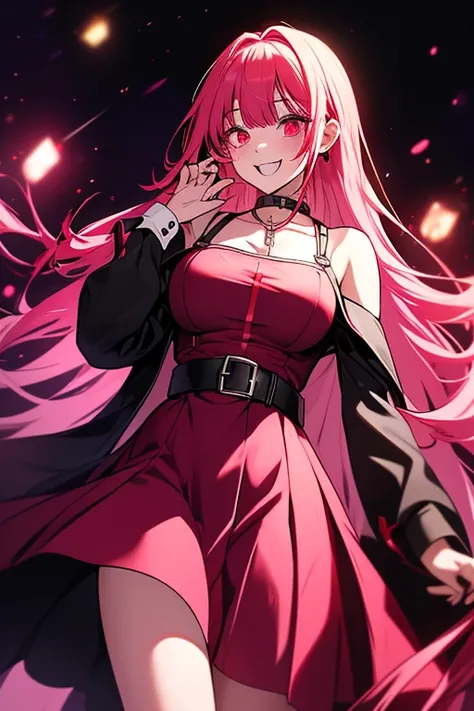 Attention to detail, high quality, high resolution, 4K, 8K, crazy girl, yandere, long pink hair, red eyes, beautiful eyes, she is laughing, a bit blood on her cloths, purple dress, in the circus, at night