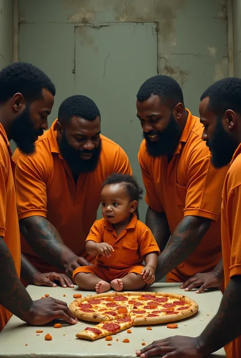 A group of strong black male inmates, some of them with tattoo, They wear orange uniforms and are hungry around a table full of pizza. On the table a baby is having fun and playing innocently with the inmates&#39; food..